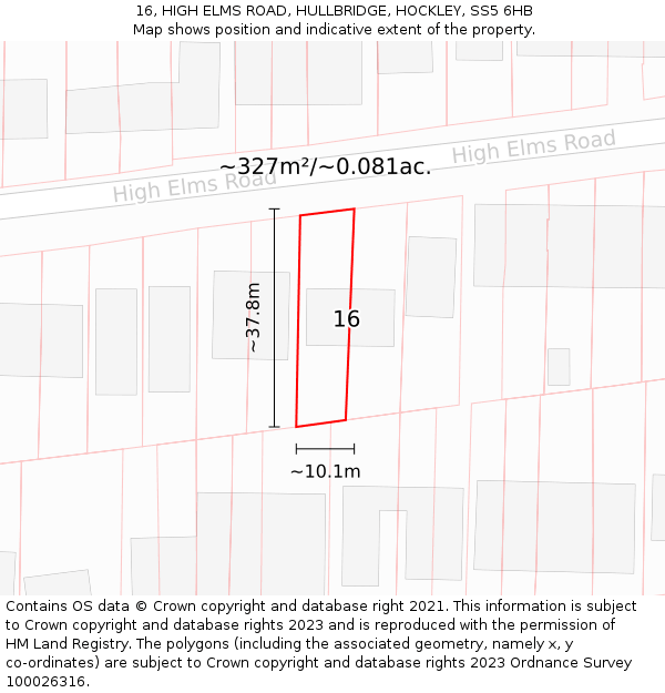 16, HIGH ELMS ROAD, HULLBRIDGE, HOCKLEY, SS5 6HB: Plot and title map