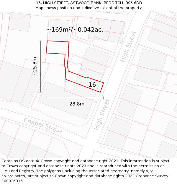 16, HIGH STREET, ASTWOOD BANK, REDDITCH, B96 6DB: Plot and title map