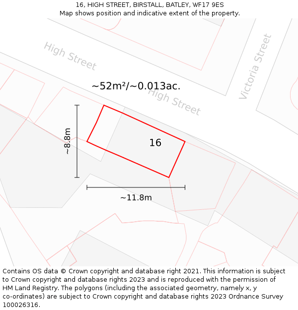 16, HIGH STREET, BIRSTALL, BATLEY, WF17 9ES: Plot and title map