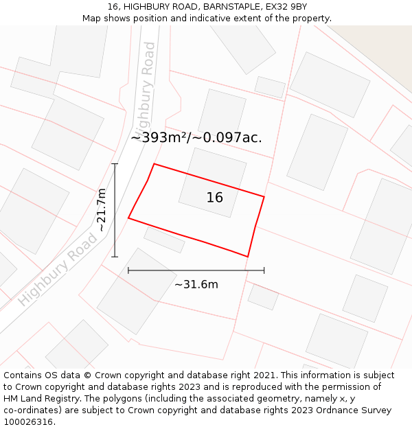 16, HIGHBURY ROAD, BARNSTAPLE, EX32 9BY: Plot and title map
