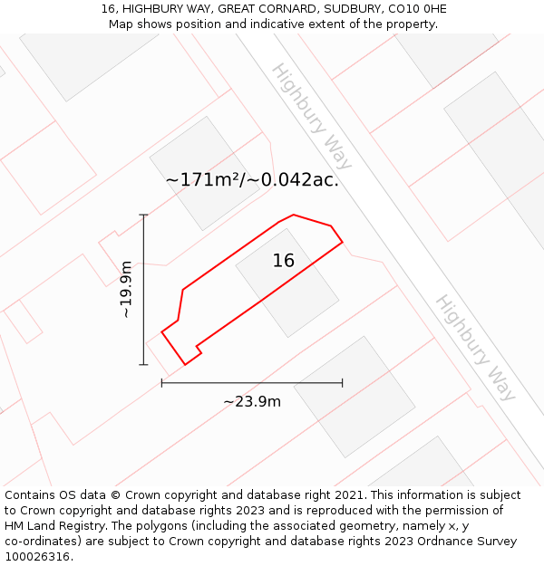 16, HIGHBURY WAY, GREAT CORNARD, SUDBURY, CO10 0HE: Plot and title map