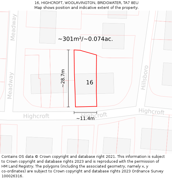 16, HIGHCROFT, WOOLAVINGTON, BRIDGWATER, TA7 8EU: Plot and title map