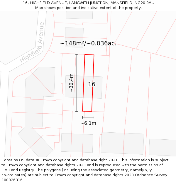 16, HIGHFIELD AVENUE, LANGWITH JUNCTION, MANSFIELD, NG20 9AU: Plot and title map