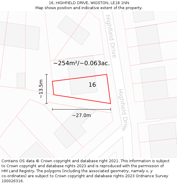 16, HIGHFIELD DRIVE, WIGSTON, LE18 1NN: Plot and title map