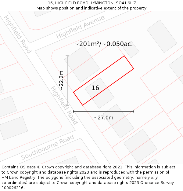 16, HIGHFIELD ROAD, LYMINGTON, SO41 9HZ: Plot and title map