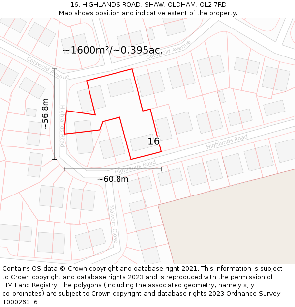 16, HIGHLANDS ROAD, SHAW, OLDHAM, OL2 7RD: Plot and title map