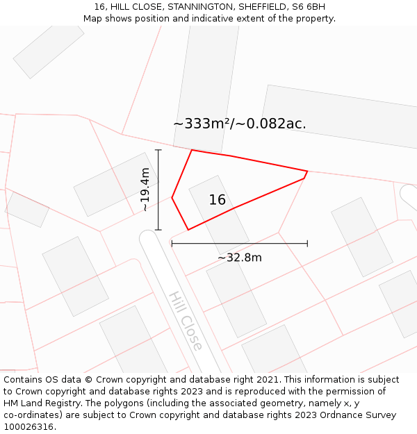 16, HILL CLOSE, STANNINGTON, SHEFFIELD, S6 6BH: Plot and title map