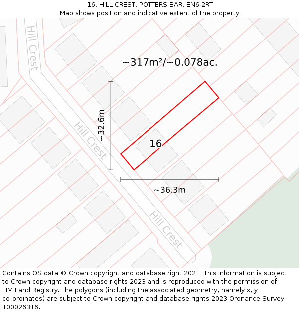 16, HILL CREST, POTTERS BAR, EN6 2RT: Plot and title map