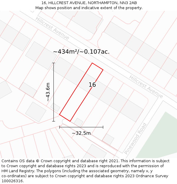16, HILLCREST AVENUE, NORTHAMPTON, NN3 2AB: Plot and title map