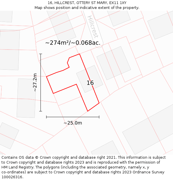 16, HILLCREST, OTTERY ST MARY, EX11 1XY: Plot and title map