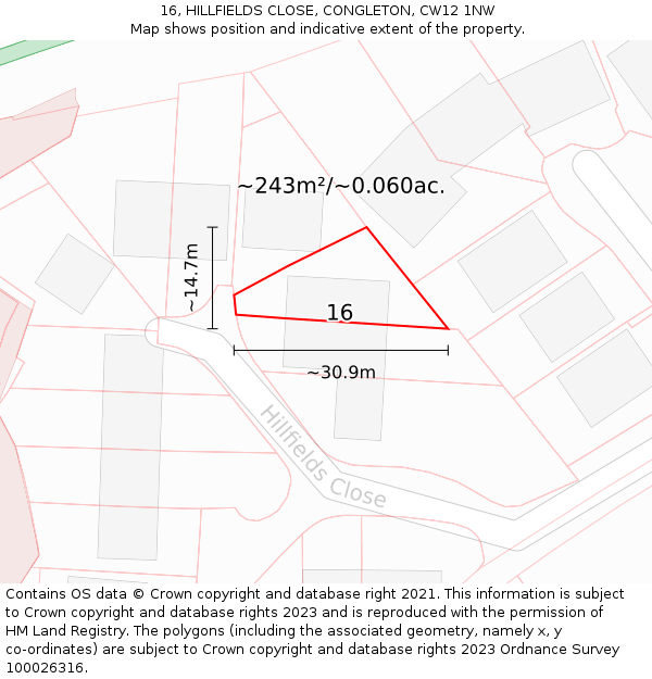 16, HILLFIELDS CLOSE, CONGLETON, CW12 1NW: Plot and title map