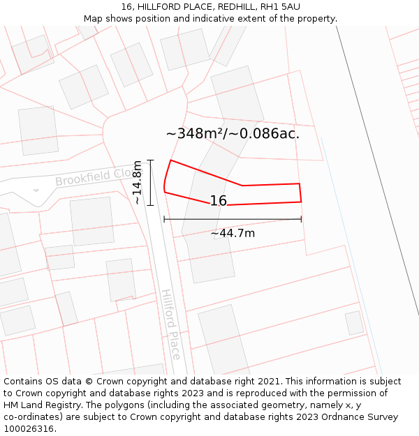 16, HILLFORD PLACE, REDHILL, RH1 5AU: Plot and title map