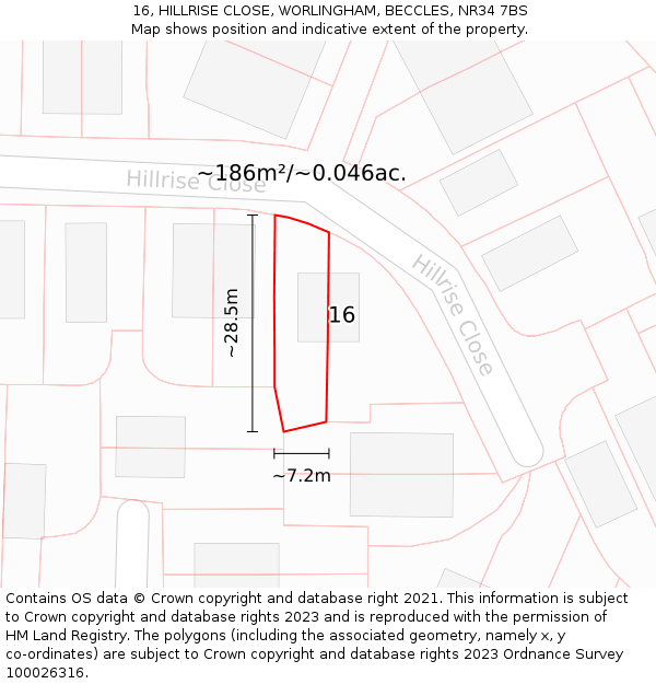 16, HILLRISE CLOSE, WORLINGHAM, BECCLES, NR34 7BS: Plot and title map