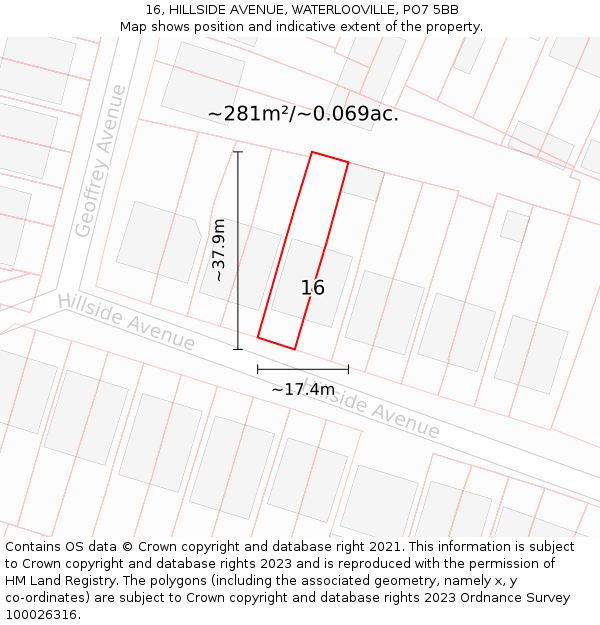 16, HILLSIDE AVENUE, WATERLOOVILLE, PO7 5BB: Plot and title map