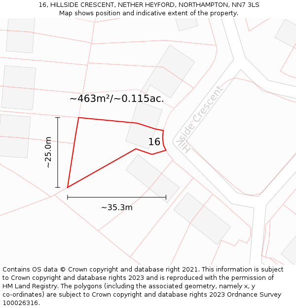 16, HILLSIDE CRESCENT, NETHER HEYFORD, NORTHAMPTON, NN7 3LS: Plot and title map