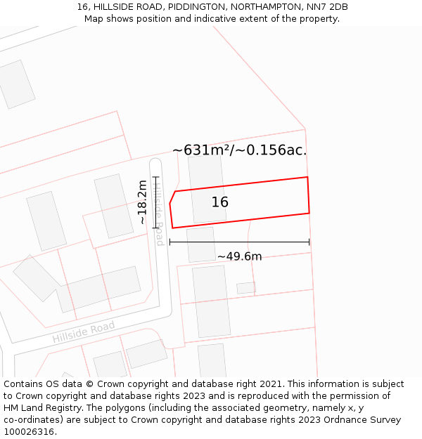 16, HILLSIDE ROAD, PIDDINGTON, NORTHAMPTON, NN7 2DB: Plot and title map