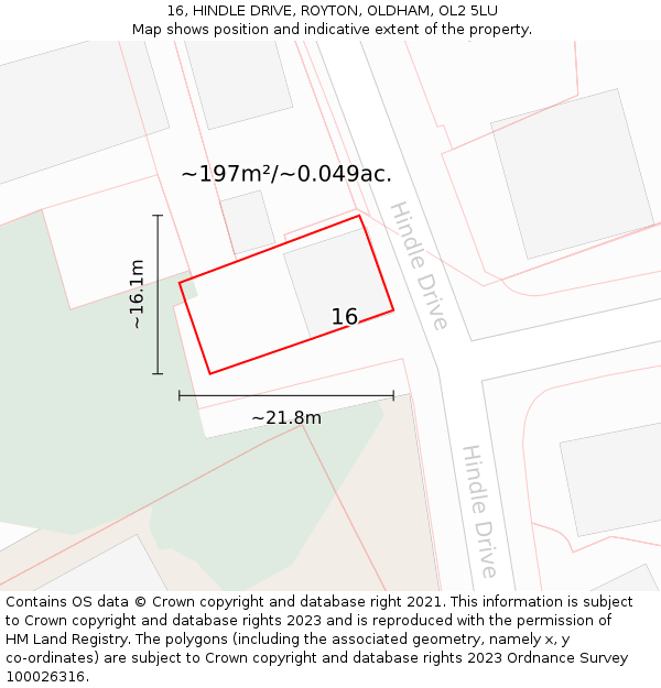 16, HINDLE DRIVE, ROYTON, OLDHAM, OL2 5LU: Plot and title map
