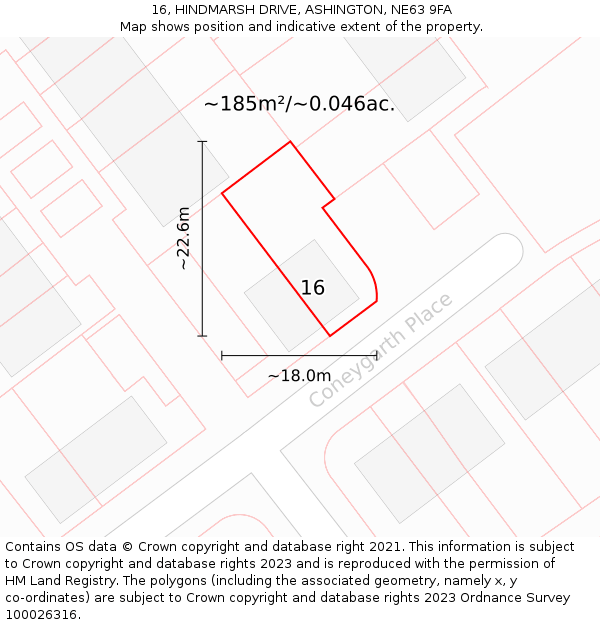 16, HINDMARSH DRIVE, ASHINGTON, NE63 9FA: Plot and title map