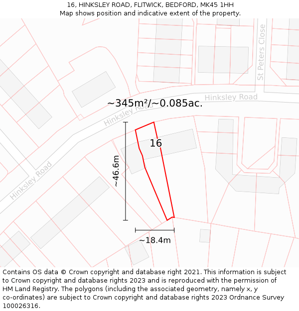 16, HINKSLEY ROAD, FLITWICK, BEDFORD, MK45 1HH: Plot and title map