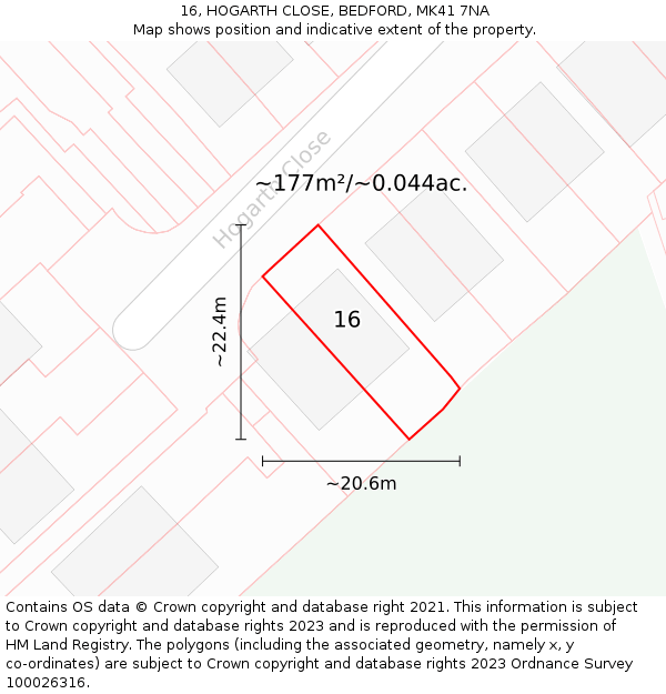 16, HOGARTH CLOSE, BEDFORD, MK41 7NA: Plot and title map