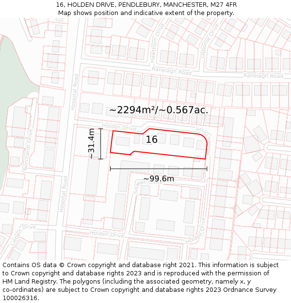 16, HOLDEN DRIVE, PENDLEBURY, MANCHESTER, M27 4FR: Plot and title map
