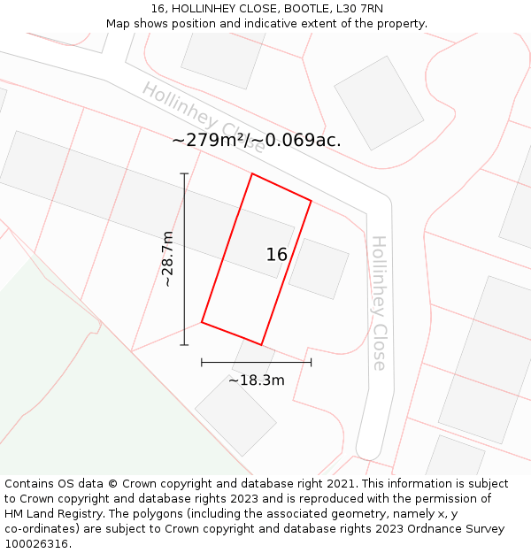 16, HOLLINHEY CLOSE, BOOTLE, L30 7RN: Plot and title map