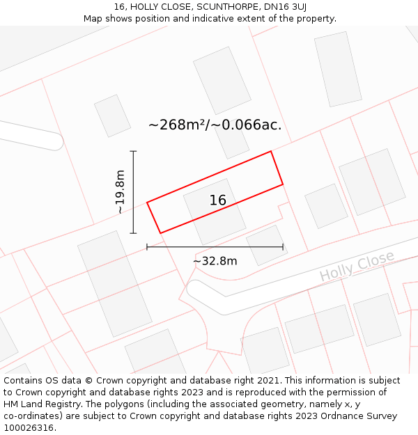 16, HOLLY CLOSE, SCUNTHORPE, DN16 3UJ: Plot and title map