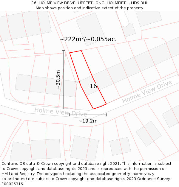 16, HOLME VIEW DRIVE, UPPERTHONG, HOLMFIRTH, HD9 3HL: Plot and title map