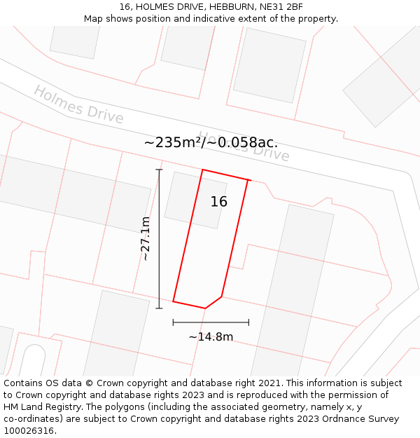 16, HOLMES DRIVE, HEBBURN, NE31 2BF: Plot and title map