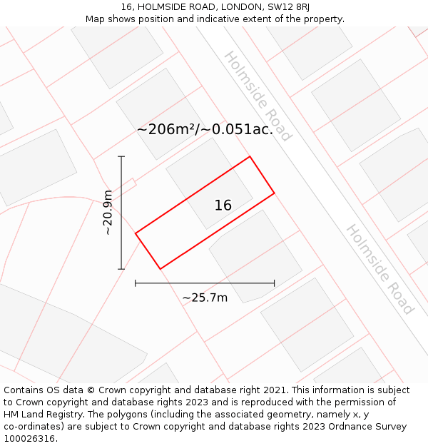 16, HOLMSIDE ROAD, LONDON, SW12 8RJ: Plot and title map