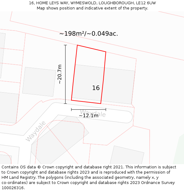 16, HOME LEYS WAY, WYMESWOLD, LOUGHBOROUGH, LE12 6UW: Plot and title map