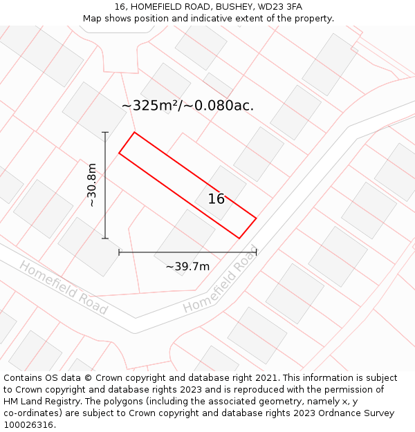 16, HOMEFIELD ROAD, BUSHEY, WD23 3FA: Plot and title map