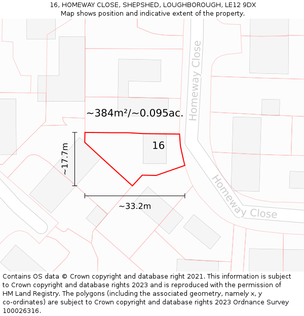 16, HOMEWAY CLOSE, SHEPSHED, LOUGHBOROUGH, LE12 9DX: Plot and title map