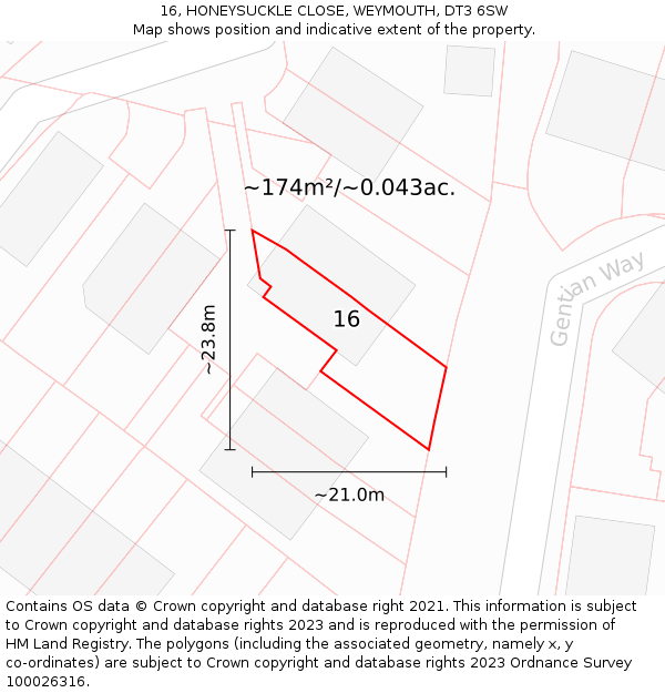 16, HONEYSUCKLE CLOSE, WEYMOUTH, DT3 6SW: Plot and title map