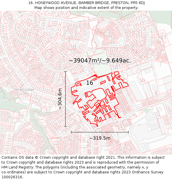 16, HONEYWOOD AVENUE, BAMBER BRIDGE, PRESTON, PR5 6DJ: Plot and title map