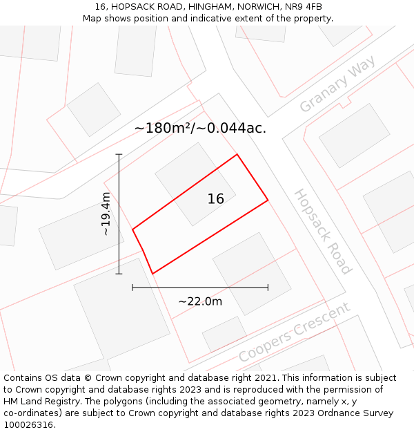 16, HOPSACK ROAD, HINGHAM, NORWICH, NR9 4FB: Plot and title map