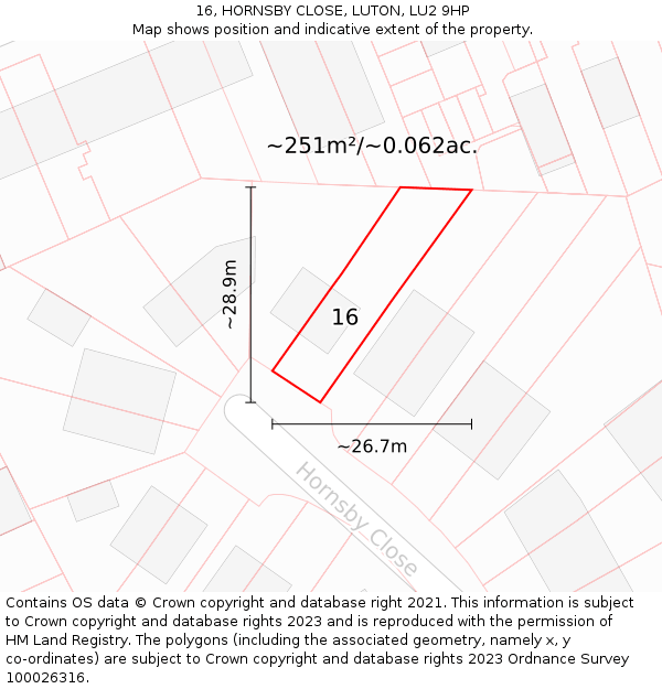 16, HORNSBY CLOSE, LUTON, LU2 9HP: Plot and title map