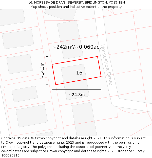 16, HORSESHOE DRIVE, SEWERBY, BRIDLINGTON, YO15 1EN: Plot and title map