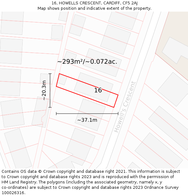 16, HOWELLS CRESCENT, CARDIFF, CF5 2AJ: Plot and title map