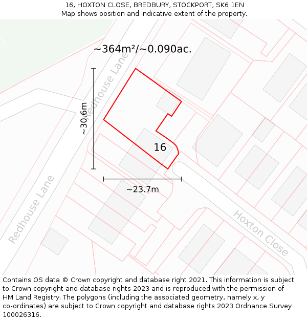 16, HOXTON CLOSE, BREDBURY, STOCKPORT, SK6 1EN: Plot and title map