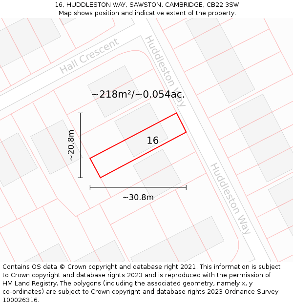 16, HUDDLESTON WAY, SAWSTON, CAMBRIDGE, CB22 3SW: Plot and title map