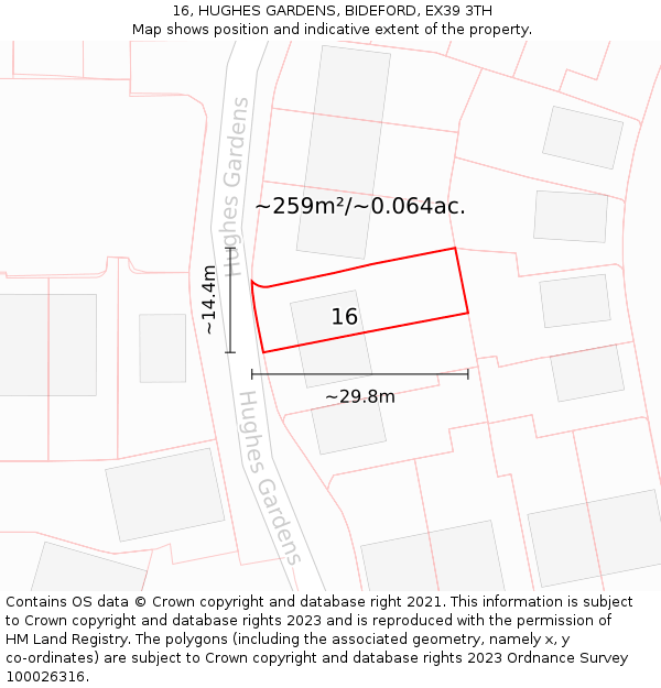 16, HUGHES GARDENS, BIDEFORD, EX39 3TH: Plot and title map