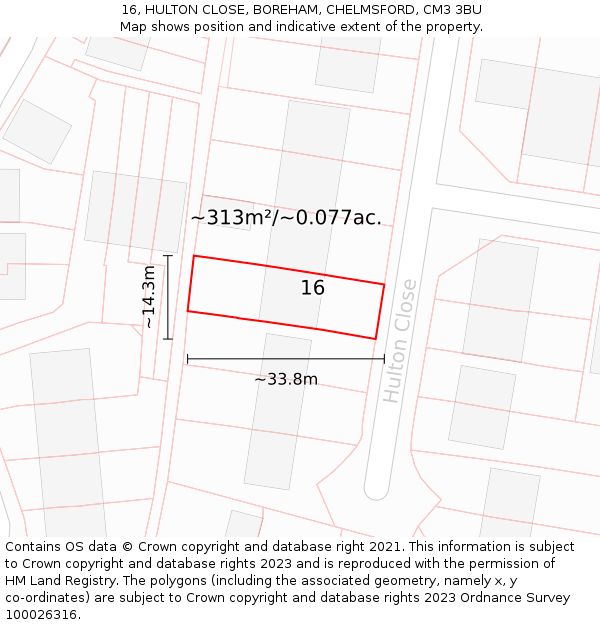 16, HULTON CLOSE, BOREHAM, CHELMSFORD, CM3 3BU: Plot and title map
