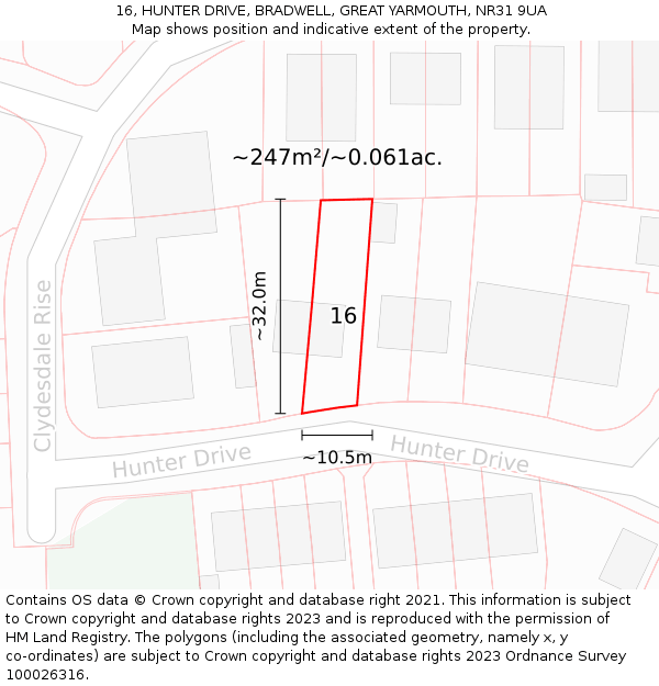 16, HUNTER DRIVE, BRADWELL, GREAT YARMOUTH, NR31 9UA: Plot and title map