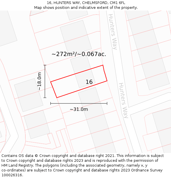 16, HUNTERS WAY, CHELMSFORD, CM1 6FL: Plot and title map