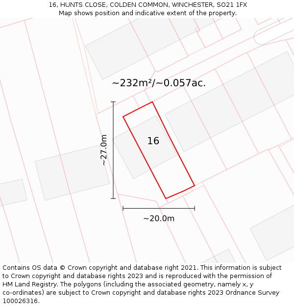 16, HUNTS CLOSE, COLDEN COMMON, WINCHESTER, SO21 1FX: Plot and title map