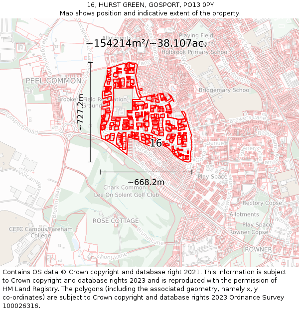 16, HURST GREEN, GOSPORT, PO13 0PY: Plot and title map