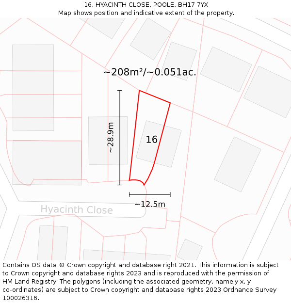 16, HYACINTH CLOSE, POOLE, BH17 7YX: Plot and title map