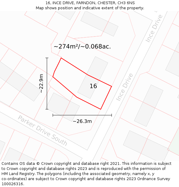 16, INCE DRIVE, FARNDON, CHESTER, CH3 6NS: Plot and title map