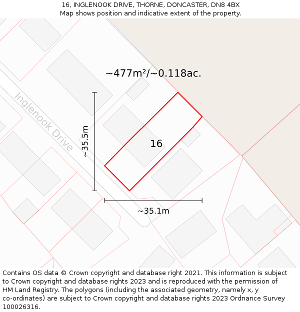 16, INGLENOOK DRIVE, THORNE, DONCASTER, DN8 4BX: Plot and title map